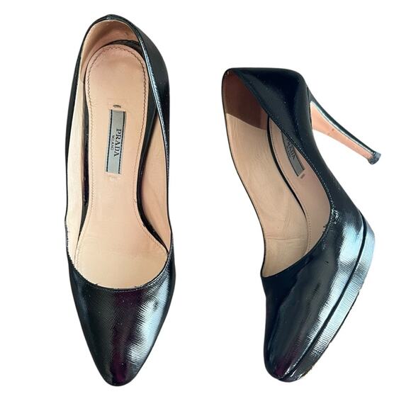Prada Women’s Vintage Round Toe Platform Black Leather Pumps High Heels Size 38 - Picture 1 of 10